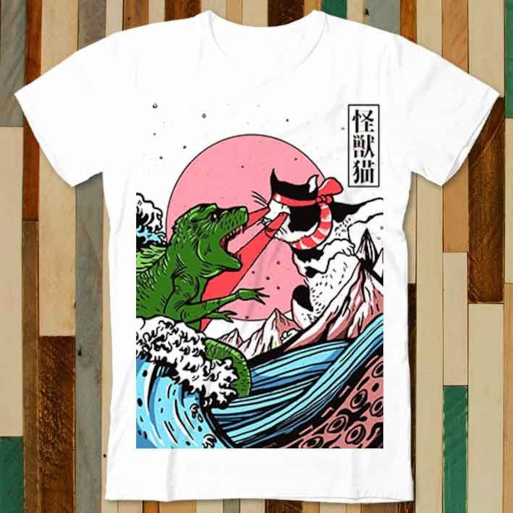 Horror Dinosaur Cat The Great Wave Off Kanagawa Catzilla Ocean T Shirt